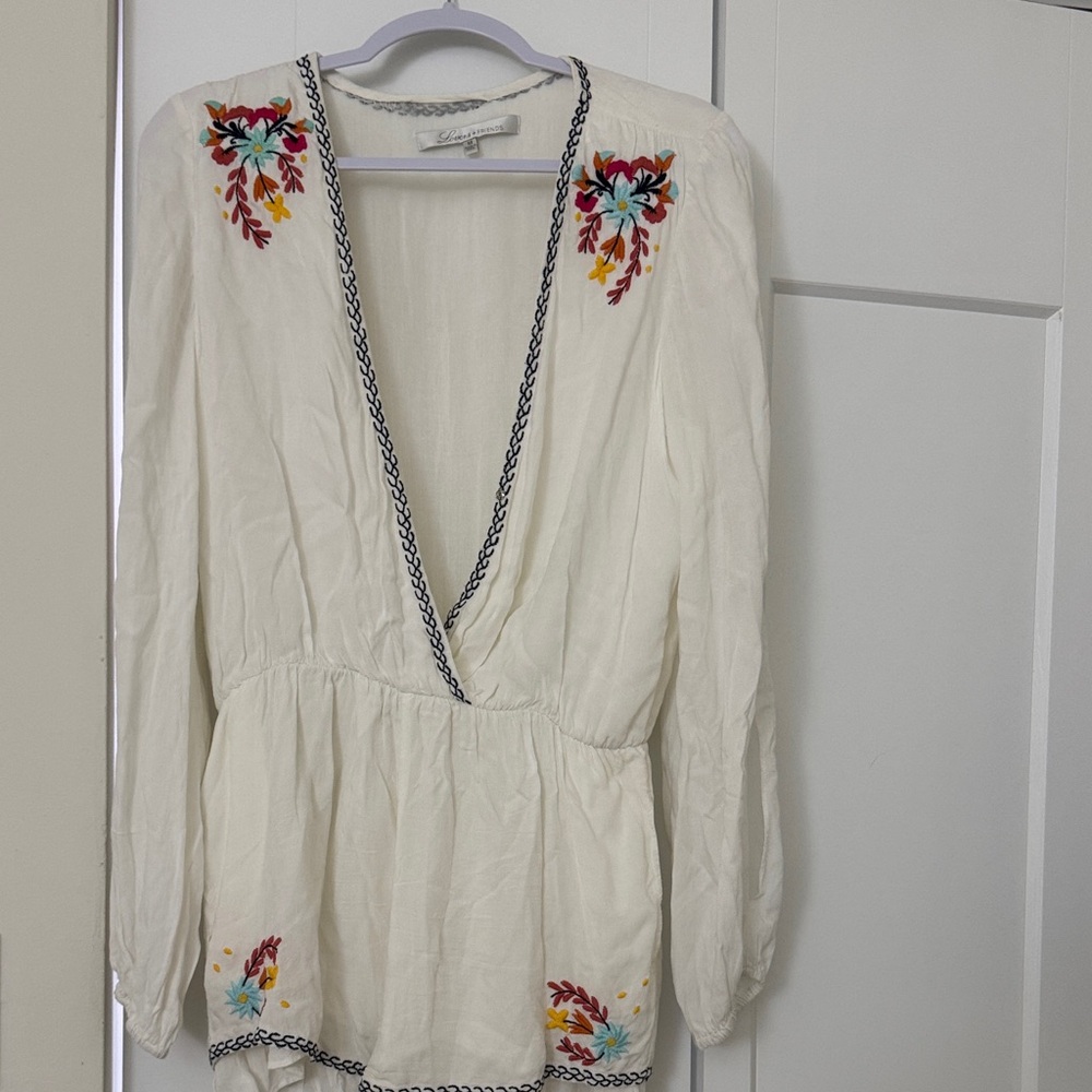 Lovers + Friends Cream Romper with Floral Embroidery